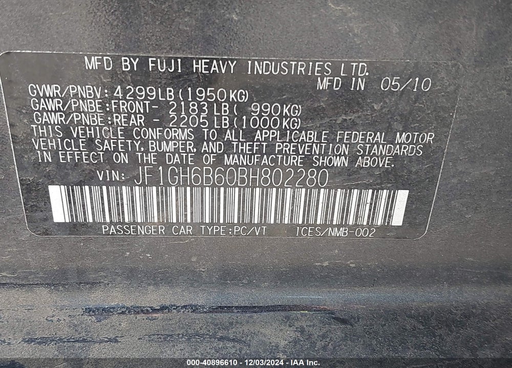 2011 SUBARU IMPREZA 2.5I PREMIUM VIN: JF1GH6B60BH802280