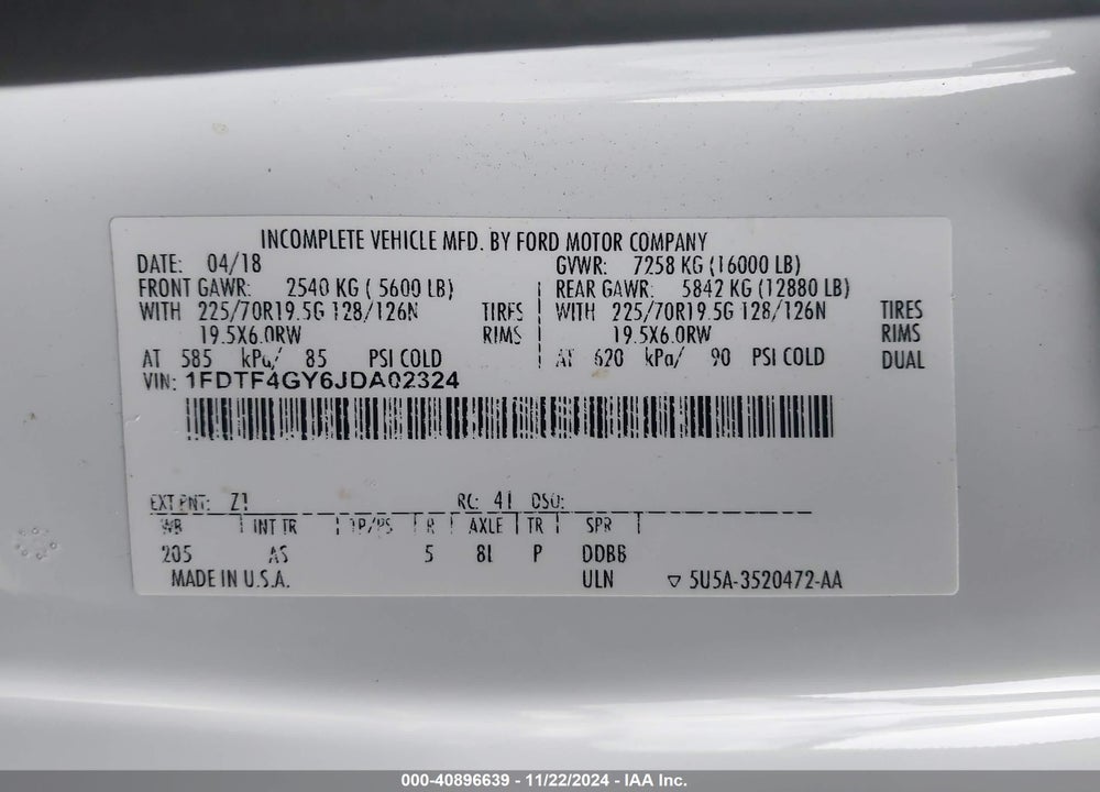 2018 FORD F-450 CHASSIS XL VIN: 1FDTF4GY6JDA02324