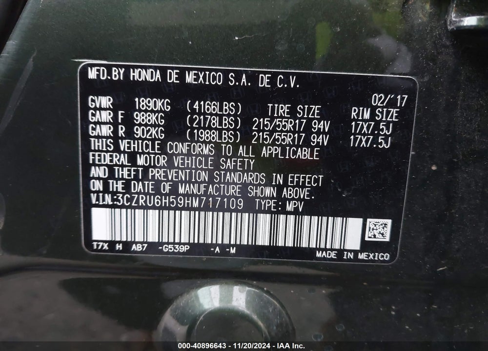 2017 HONDA HR-V EX VIN: 3CZRU6H59HM717109