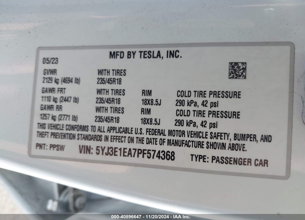 2023 TESLA MODEL 3 REAR-WHEEL DRIVE VIN: 5YJ3E1EA7PF574368