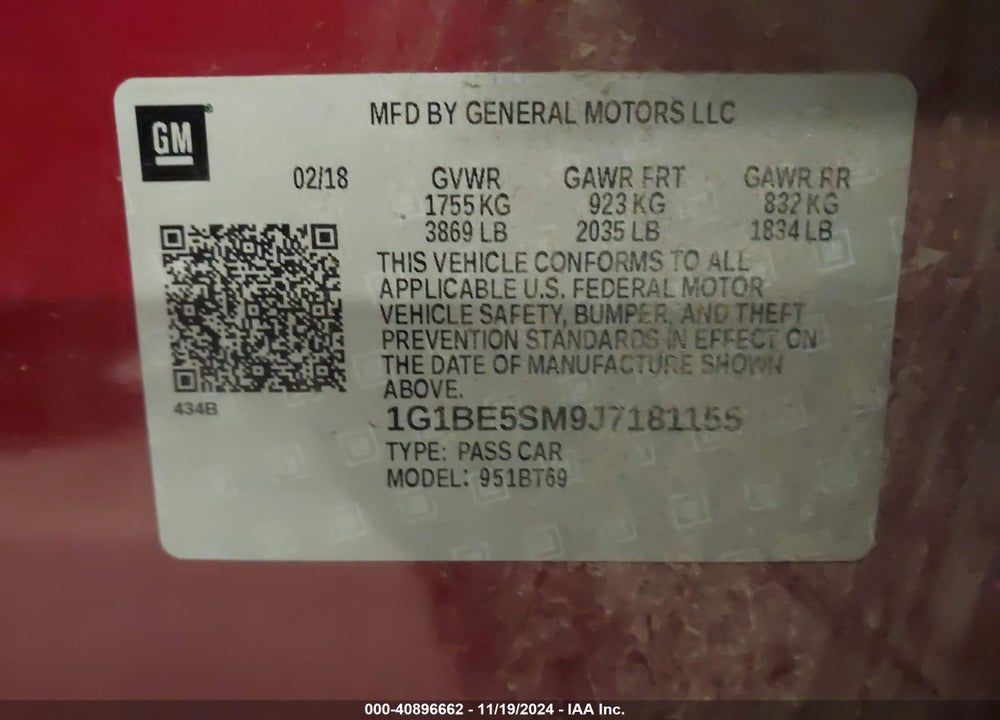 2018 CHEVROLET CRUZE VIN: 1G1BE5SM9J7181155
