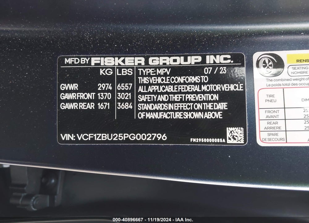 2023 FISKER OCEAN ONE VIN: VCF1ZBU25PG002796