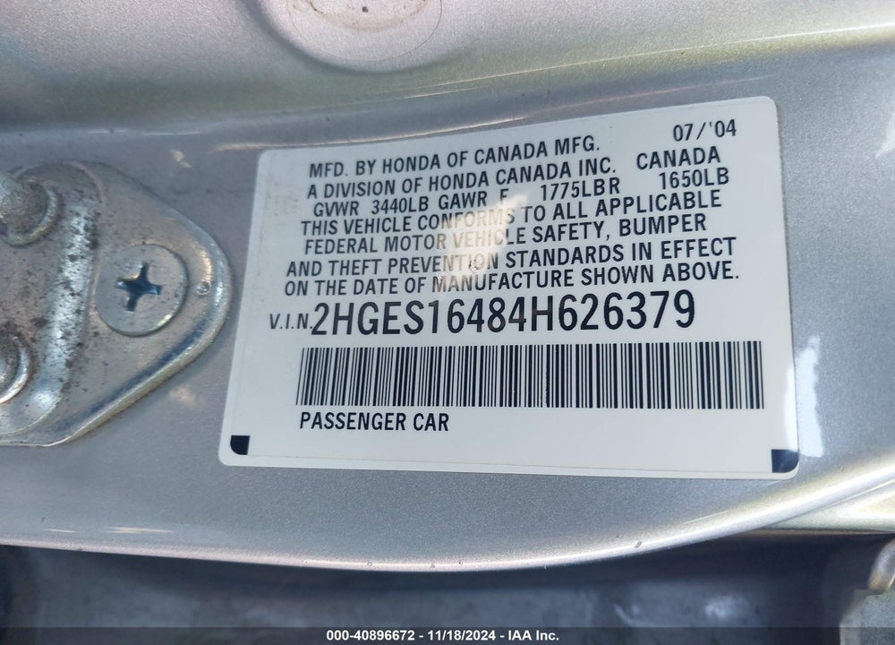 2004 HONDA CIVIC VP VIN: 2HGES16484H626379