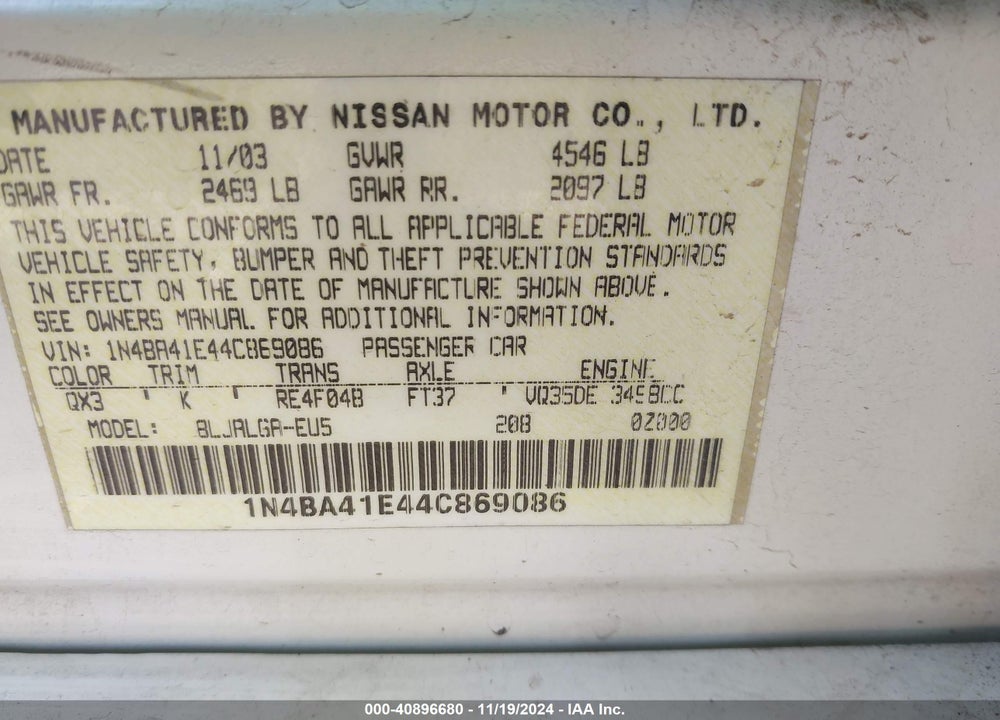 2004 NISSAN MAXIMA 3.5 SL VIN: 1N4BA41E44C869086
