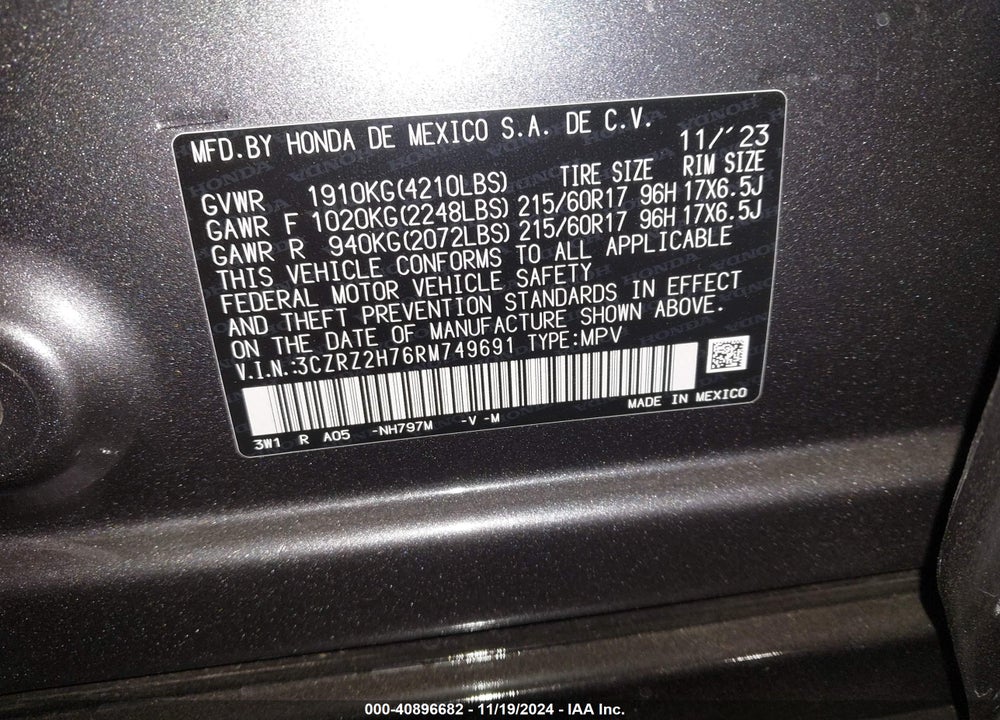 2024 HONDA HR-V AWD EX-L/AWD EX-L W/O BSI VIN: 3CZRZ2H76RM749691
