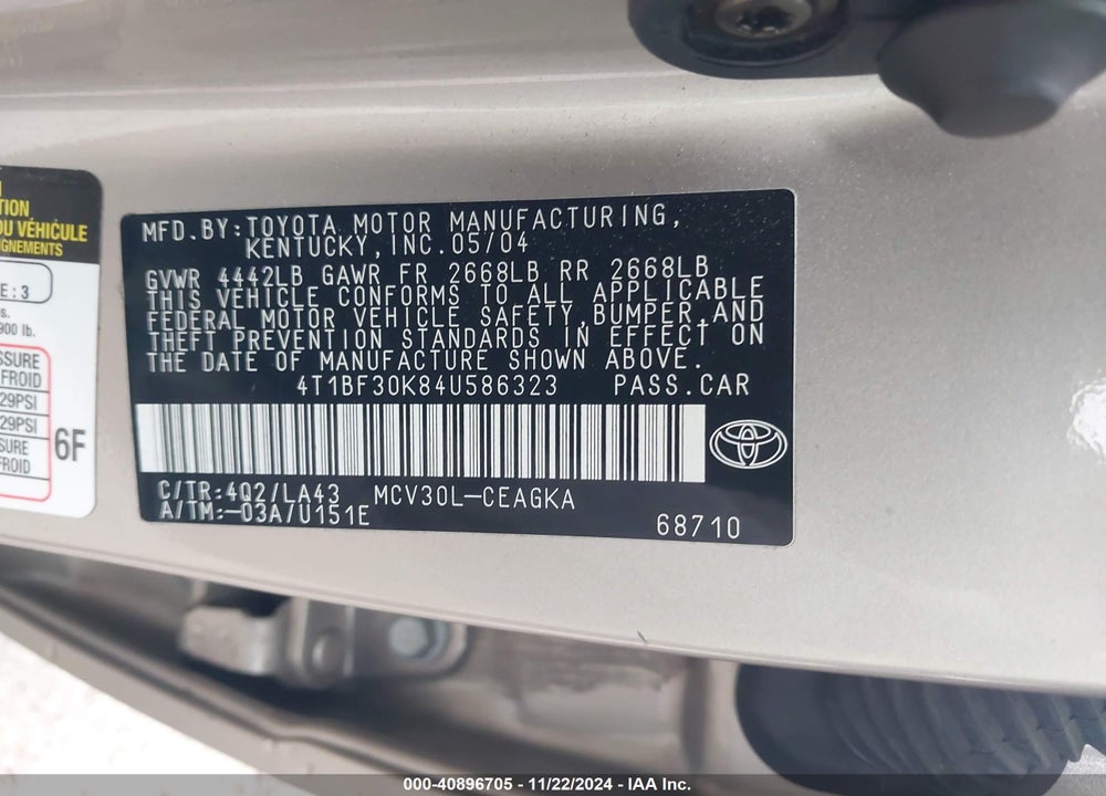 2004 TOYOTA CAMRY XLE V6 VIN: 4T1BF30K84U586323
