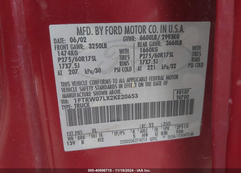 2002 FORD F-150 LARIAT/XLT VIN: 1FTRW07LX2KE20653