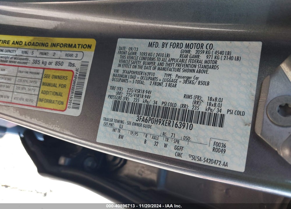 2014 FORD FUSION SE VIN: 3FA6P0H9XER163910