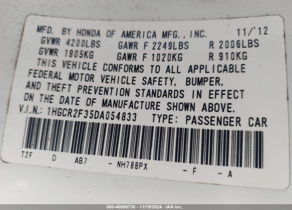 2013 HONDA ACCORD LX VIN: 1HGCR2F35DA054833