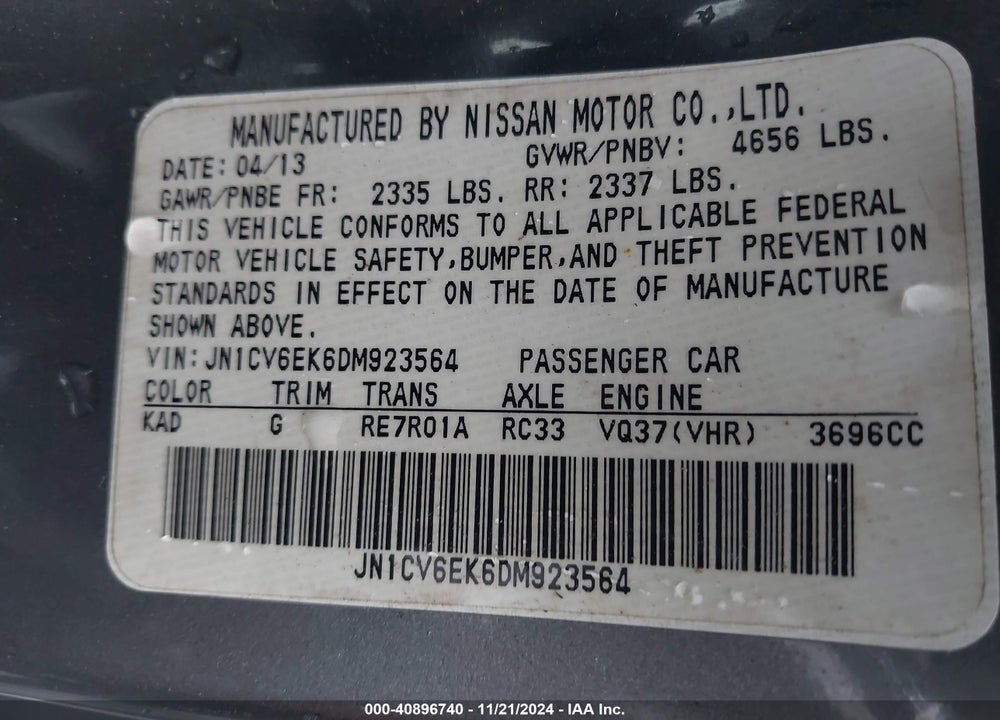 2013 INFINITI G37 JOURNEY VIN: JN1CV6EK6DM923564