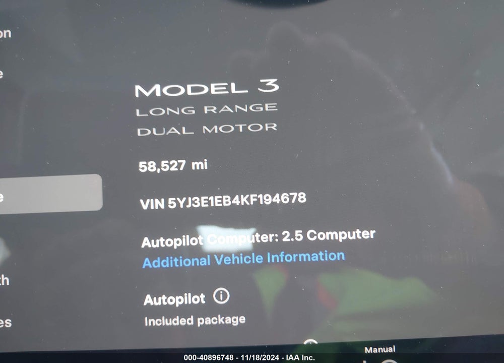 2019 TESLA MODEL 3 LONG RANGE/PERFORMANCE VIN: 5YJ3E1EB4KF194678