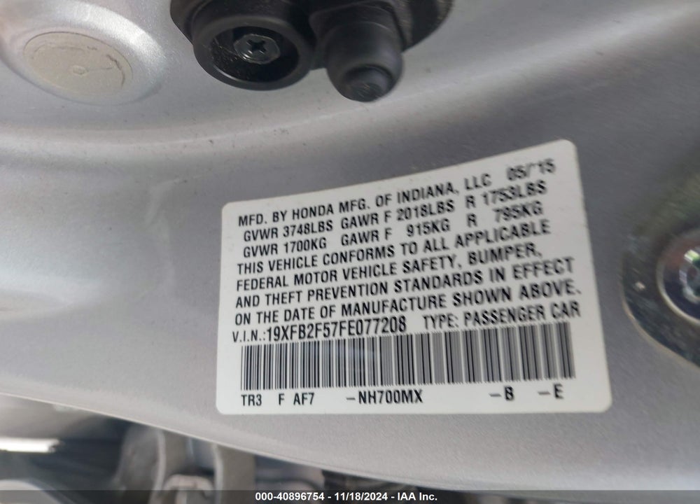 2015 HONDA CIVIC LX VIN: 19XFB2F57FE077208