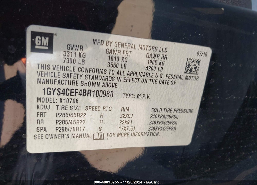 2011 CADILLAC ESCALADE PREMIUM VIN: 1GYS4CEF4BR100980