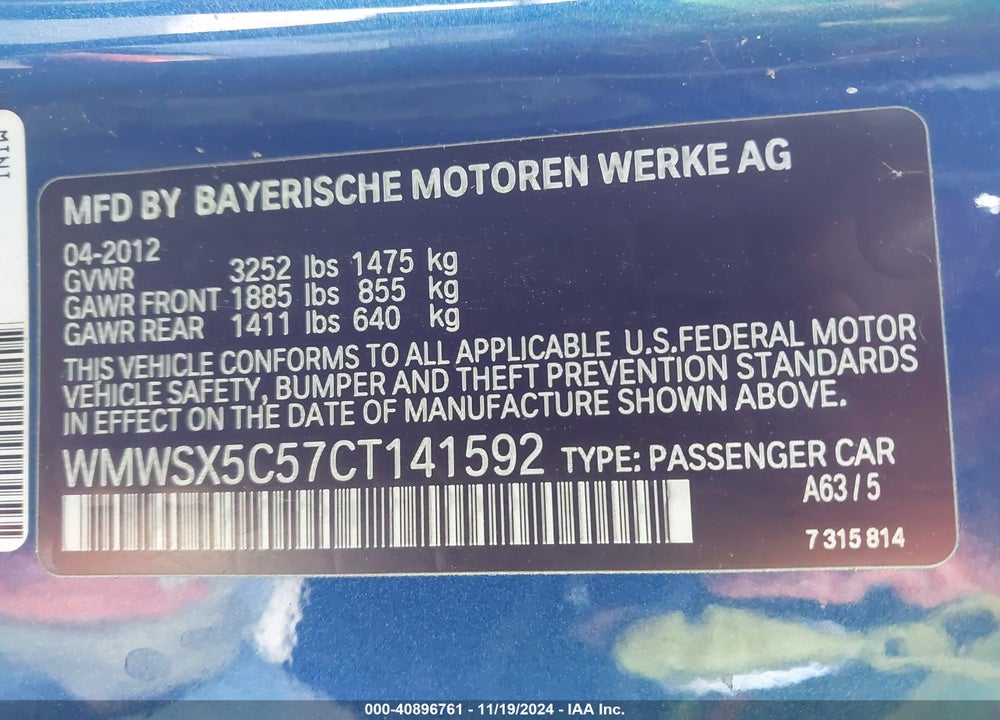 2012 MINI JOHN COOPER WORKS VIN: WMWSX5C57CT141592