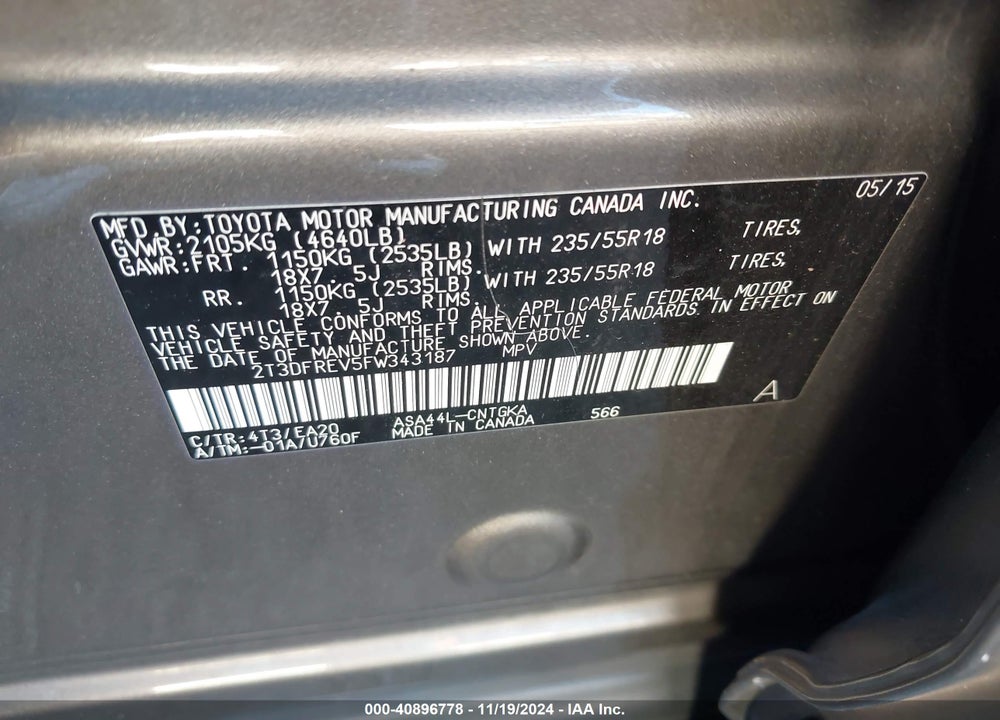 2015 TOYOTA RAV4 LIMITED VIN: 2T3DFREV5FW343187