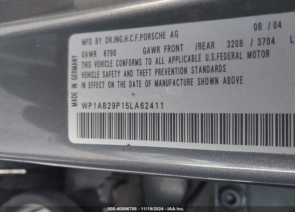 2005 PORSCHE CAYENNE S VIN: WP1AB29P15LA62411
