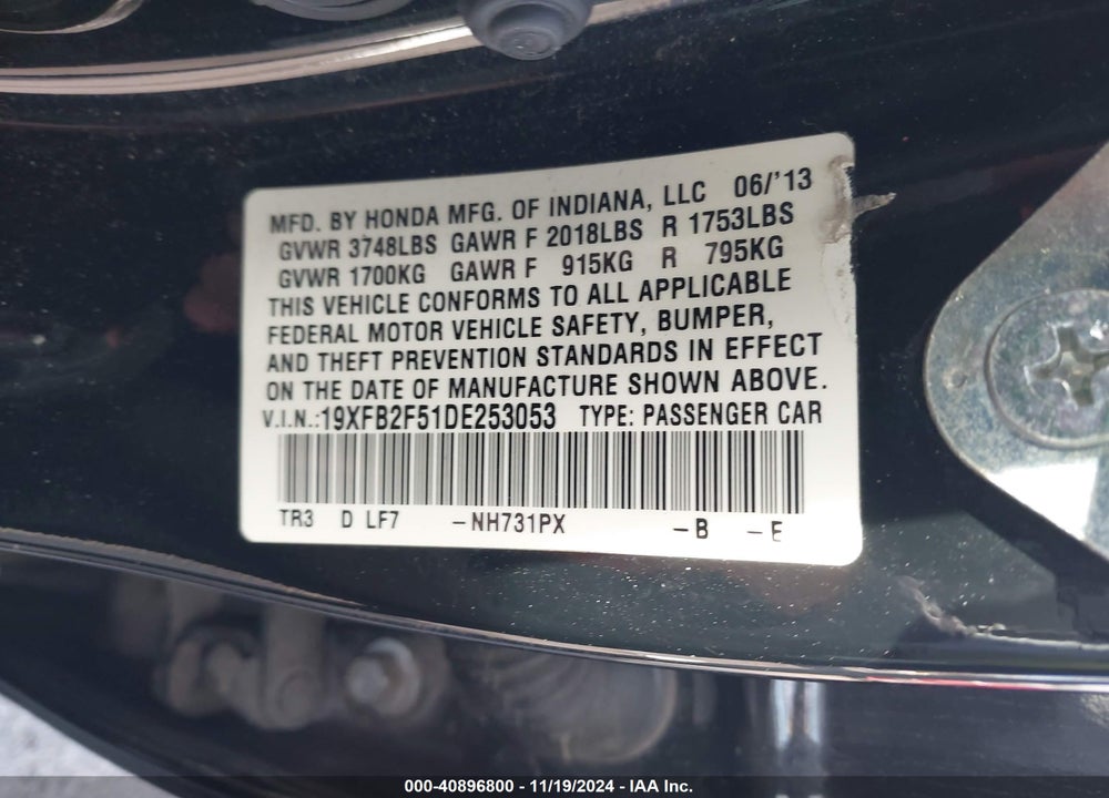 2013 HONDA CIVIC LX VIN: 19XFB2F51DE253053