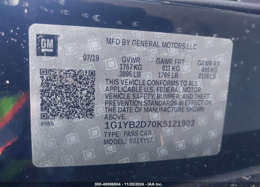 2019 CHEVROLET CORVETTE STINGRAY VIN: 1G1YB2D70K5121903