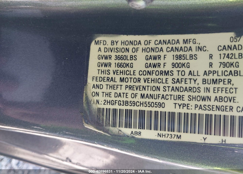 2012 HONDA CIVIC VIN: 2HGFG3B59CH550590