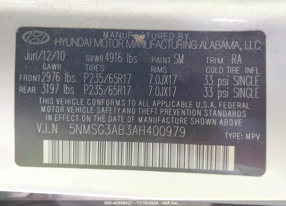 2010 HYUNDAI SANTA FE GLS VIN: 5NMSG3AB3AH400979