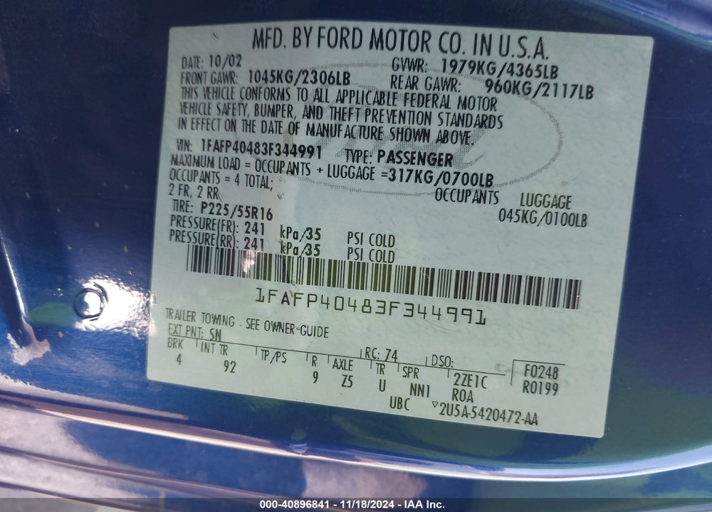 2003 FORD MUSTANG VIN: 1FAFP40483F344991