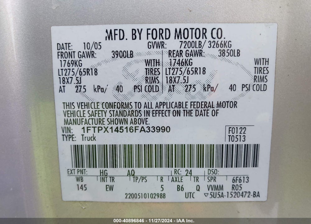 2006 FORD F-150 VIN: 1FTPX14516FA33990