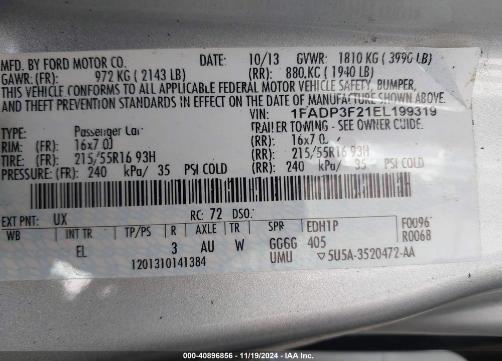 2014 FORD FOCUS SE VIN: 1FADP3F21EL199319