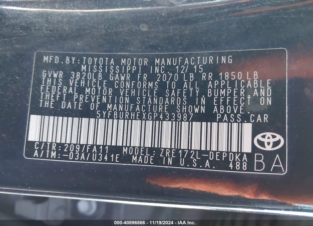 2016 TOYOTA COROLLA L VIN: 5YFBURHEXGP433987