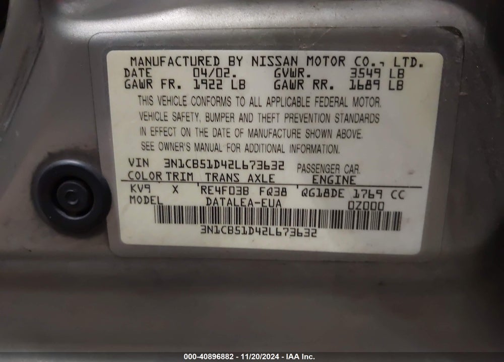 2002 NISSAN SENTRA GXE VIN: 3N1CB51D42L673632