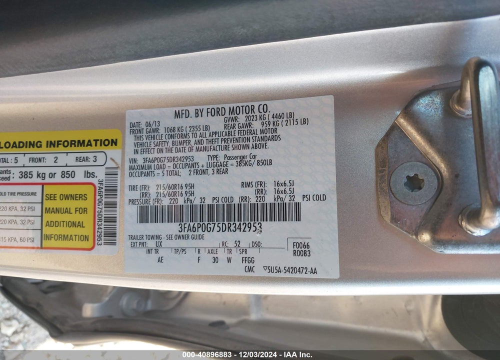 2013 FORD FUSION S VIN: 3FA6P0G75DR342953