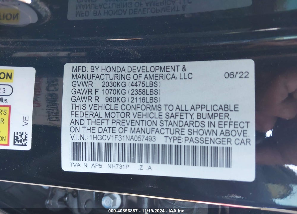 2022 HONDA ACCORD SPORT VIN: 1HGCV1F31NA057493