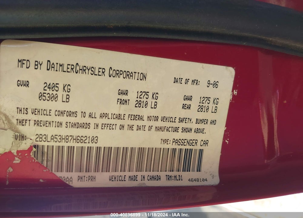 2007 DODGE CHARGER RT VIN: 2B3LA53H87H662103
