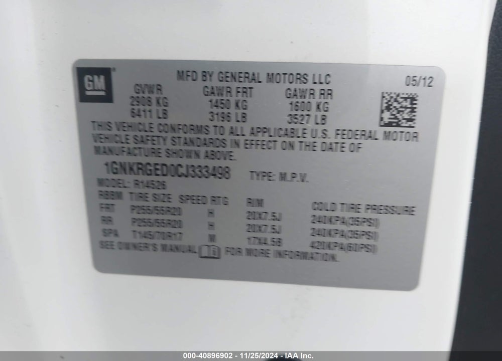 2012 CHEVROLET TRAVERSE 1LT VIN: 1GNKRGED0CJ333498