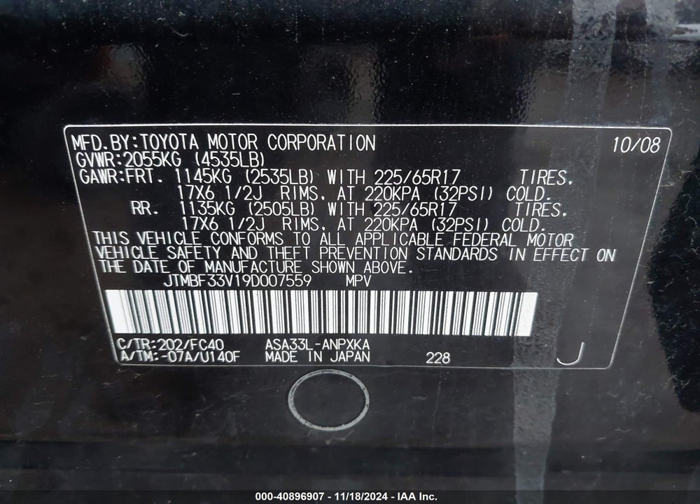 2009 TOYOTA RAV4 VIN: JTMBF33V19D007559