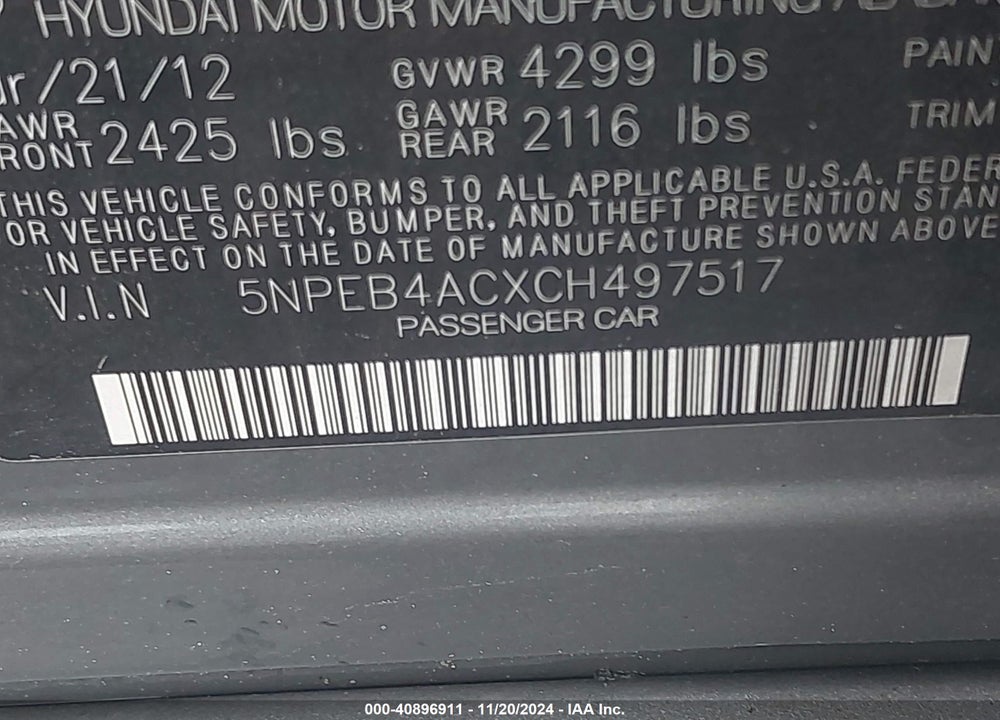 2012 HYUNDAI SONATA VIN: 5NPEB4ACXCH497517