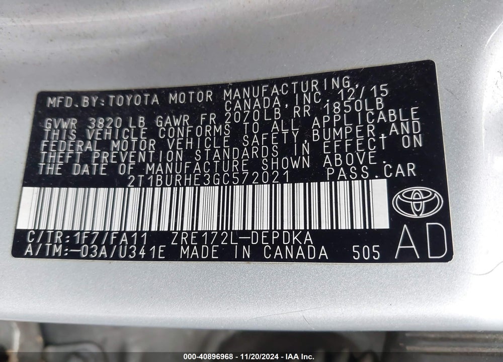 2016 TOYOTA COROLLA VIN: 2T1BURHE3GC572021