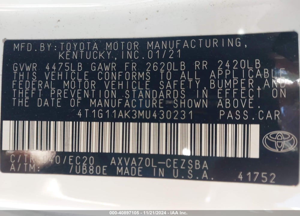 2021 TOYOTA CAMRY SE NIGHTSHADE EDITION VIN: 4T1G11AK3MU430231