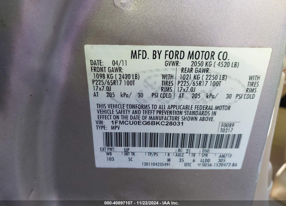 2011 FORD ESCAPE LIMITED VIN: 1FMCU0EG6BKC28031