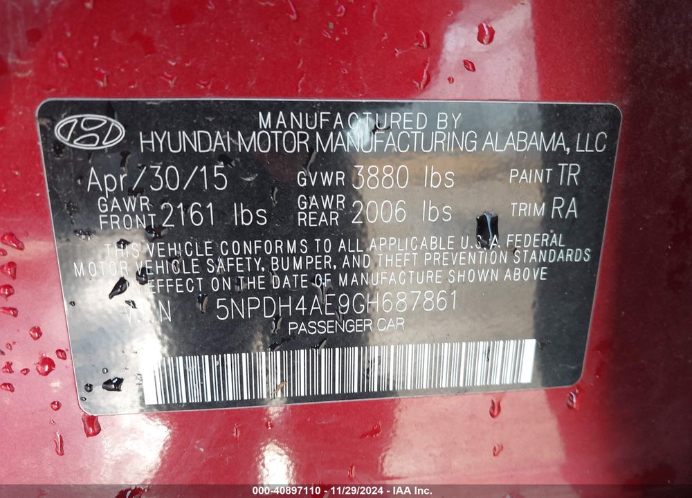2016 HYUNDAI ELANTRA SE VIN: 5NPDH4AE9GH687861