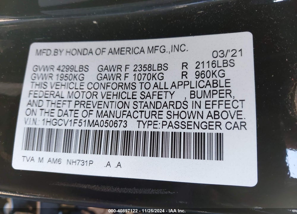 2021 HONDA ACCORD EX-L VIN: 1HGCV1F51MA050673