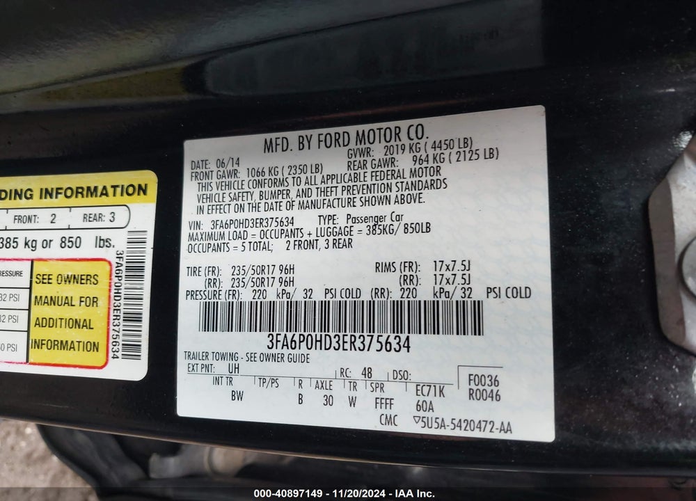 2014 FORD FUSION SE VIN: 3FA6P0HD3ER375634