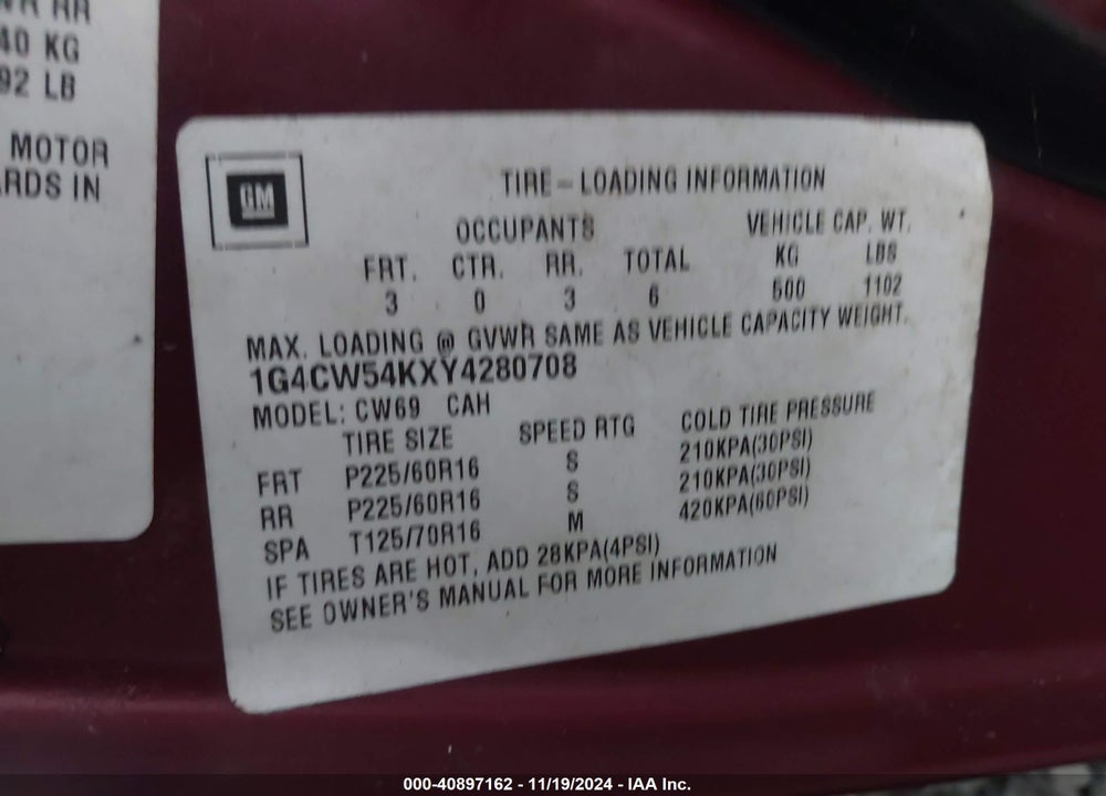2000 BUICK PARK AVENUE VIN: 1G4CW54KXY4280708