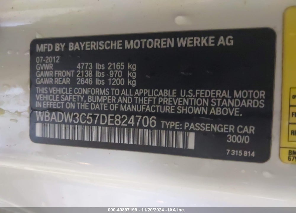 2013 BMW 328I VIN: WBADW3C57DE824706