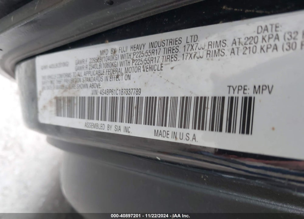 2008 SUBARU OUTBACK 2.5I/2.5I L.L. BEAN EDITION VIN: 4S4BP61C187337789