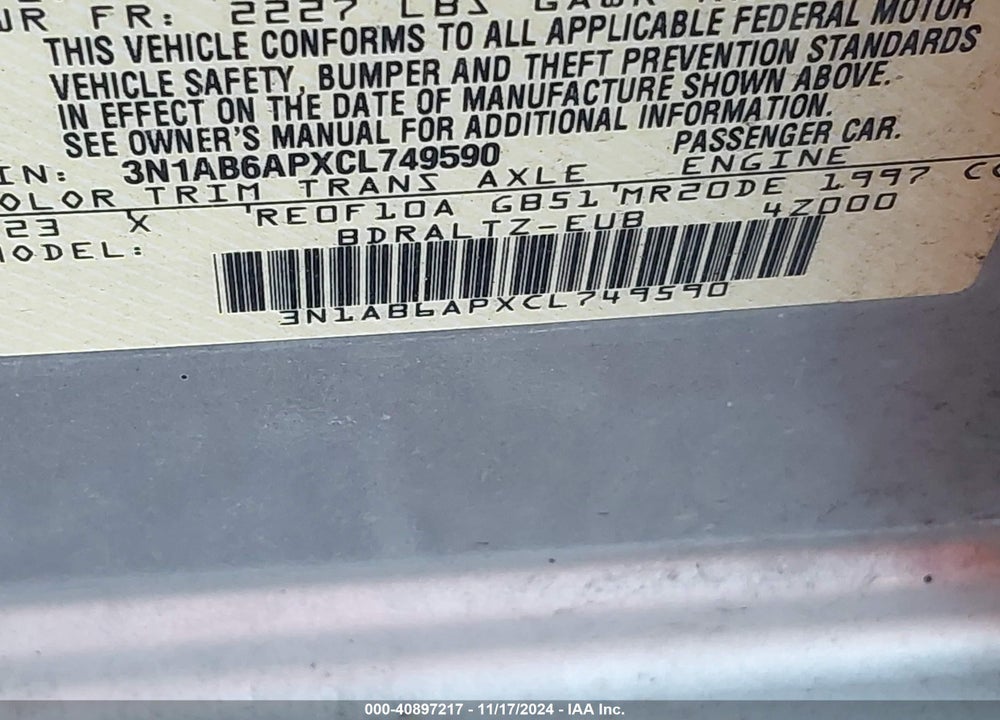 2012 NISSAN SENTRA 2.0 S VIN: 3N1AB6APXCL749590