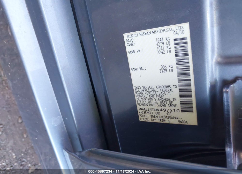 2010 NISSAN ALTIMA 2.5 S VIN: 1N4AL2APXAN497510