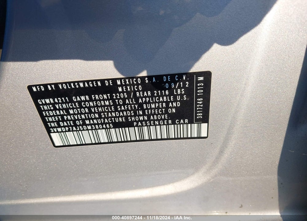 2013 VOLKSWAGEN JETTA 2.5L SE VIN: 3VWDP7AJ5DM380465