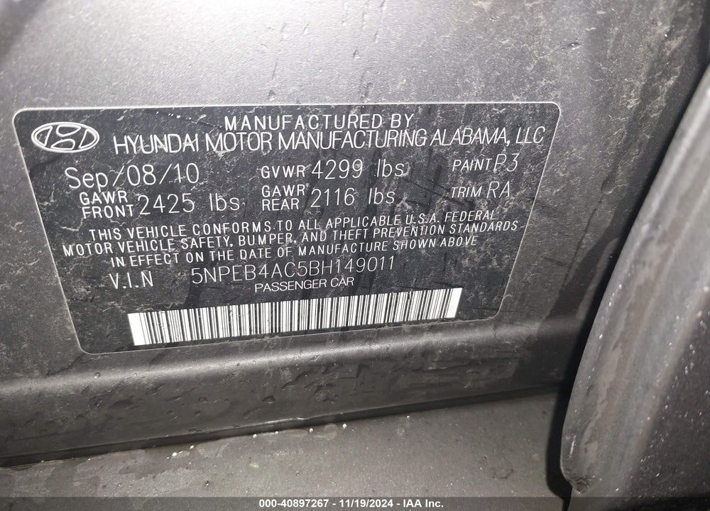 2011 HYUNDAI SONATA GLS VIN: 5NPEB4AC5BH149011