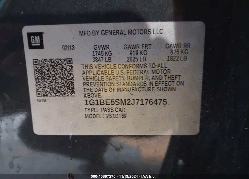 2018 CHEVROLET CRUZE VIN: 1G1BE5SM2J7176475