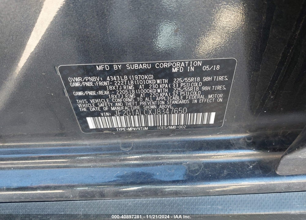 2018 SUBARU CROSSTREK 2.0I LIMITED VIN: JF2GTALCXJ8347650